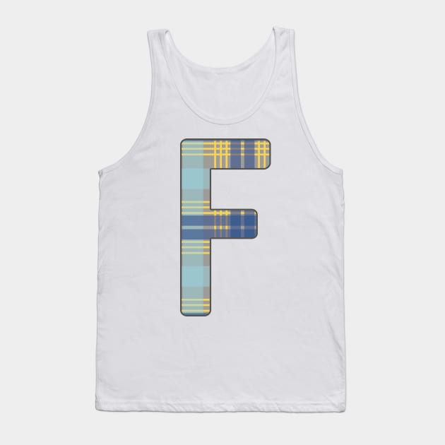 Monogram Letter F, Blue, Yellow and Grey Scottish Tartan Style Typography Design Tank Top by MacPean